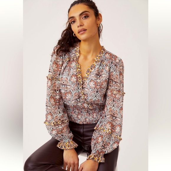 Anthropologie Tops - Anthropologie Ruffled Print Blouse, size XL.  Perfect Fall colors!